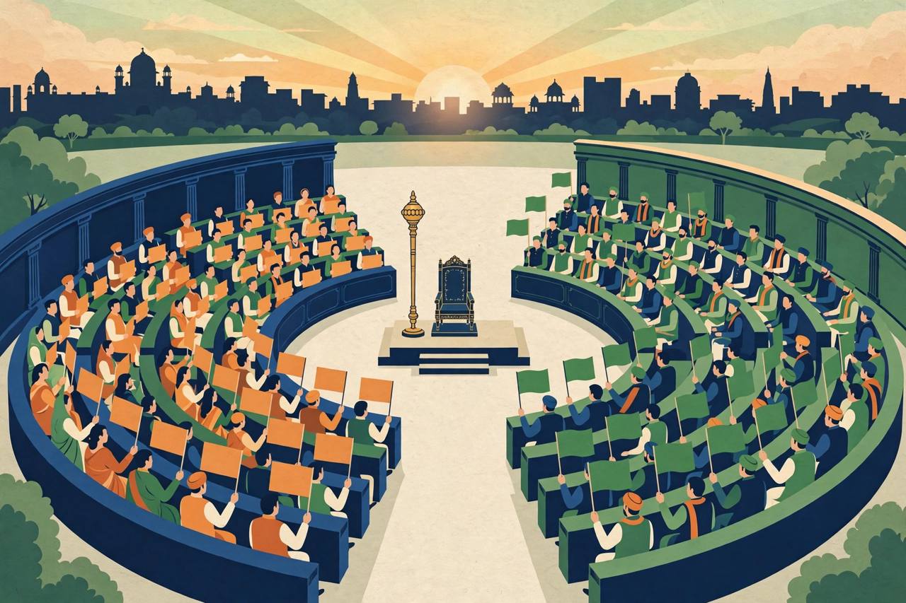 Editorial illustration of two facing semicircular parliamentary chambers with generic figures holding plain placards and flags, a speaker's chair and mace in the centre and a city skyline at dawn