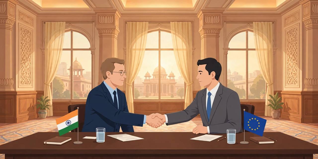 Editorial illustration of two generic diplomats shaking hands across a conference table in a government meeting room, with small flags on the table