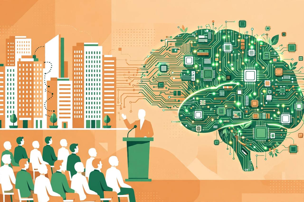 Editorial illustration of a summit speaker, office towers and a circuit-board brain symbolising research and chip design