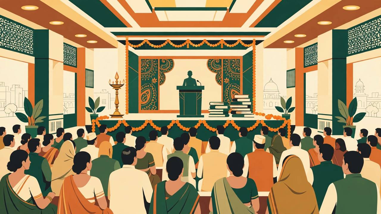 Editorial illustration of a large conference hall with a generic audience, a stage with a brass oil lamp, books and marigold garlands