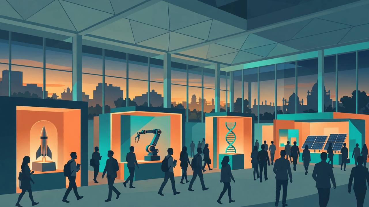 Convention hall with generic scientists and startup founders walking toward exhibition stalls showing a rocket model, robot arm and DNA helix (Editorial illustration)