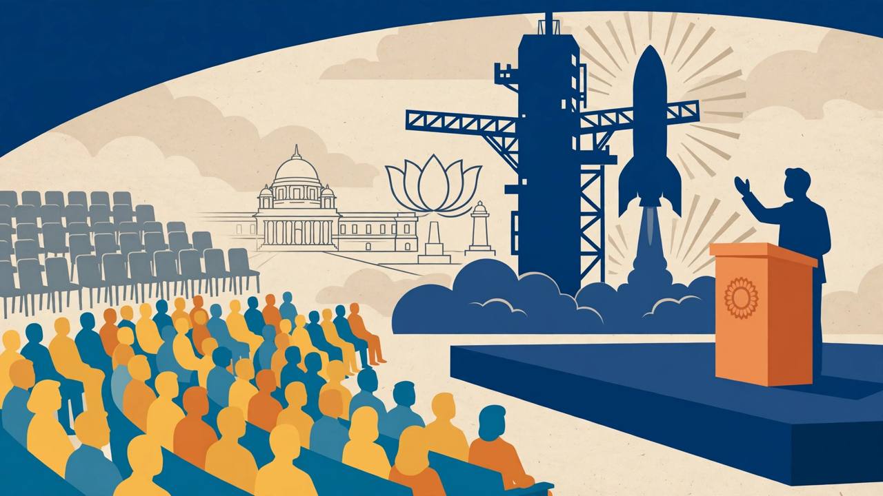 Editorial illustration of a speaker at a summit podium with a rocket launchpad silhouette in the background