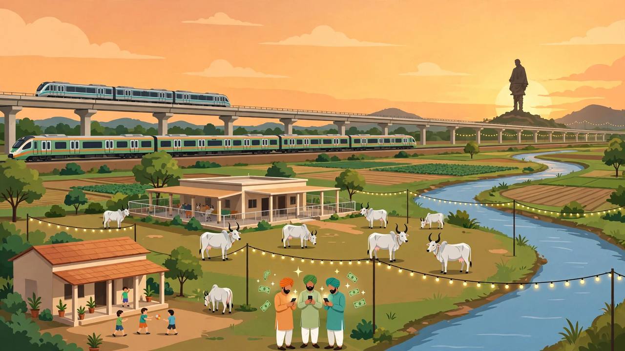 Editorial illustration of a Gujarat development scene with a metro train, an express train, Kankrej cattle at a research centre, farmers checking phones, and a giant unity statue silhouette beside a river at sunset