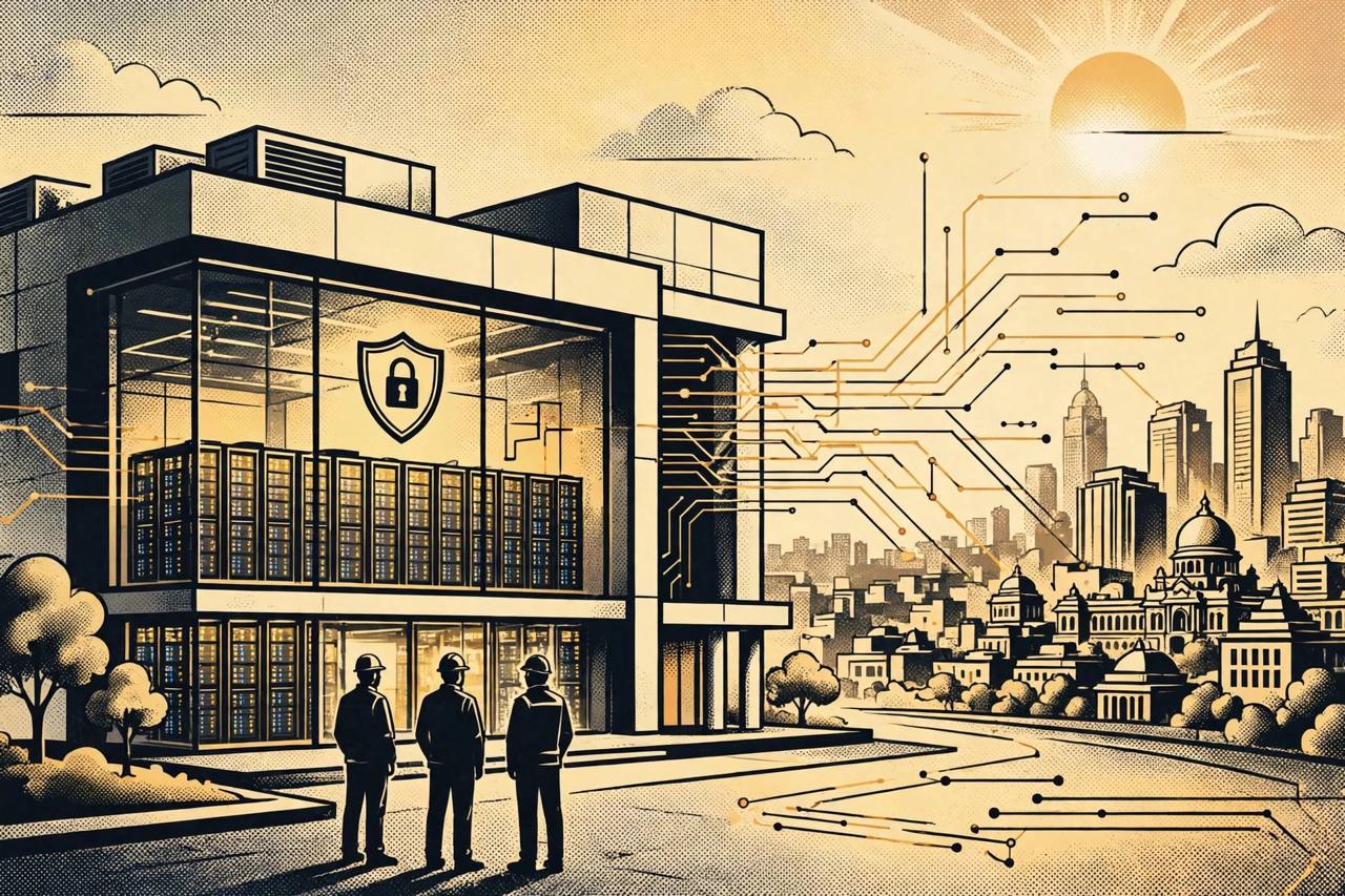 Editorial illustration of a modern data centre with server racks and a cybersecurity shield, representing the RBI facility in Bhubaneswar