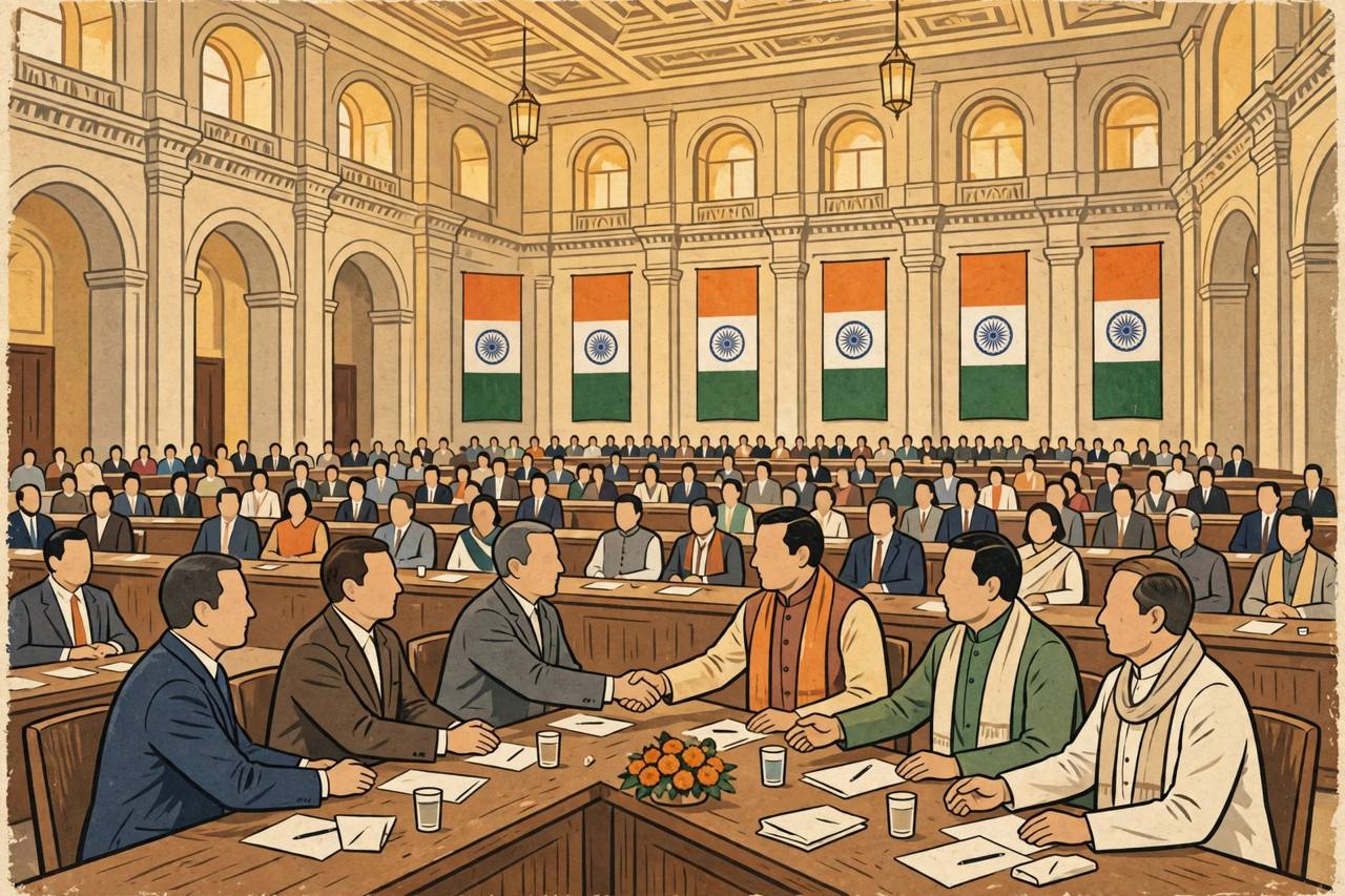 Editorial illustration of generic parliamentarians greeting each other in a grand parliamentary conference hall in New Delhi