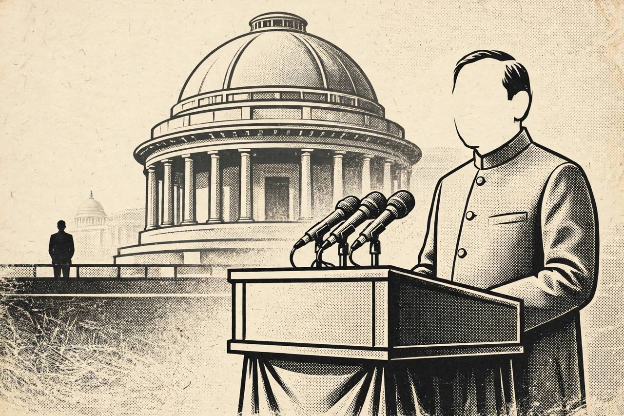 Editorial illustration of a generic leader at a summit podium with microphones, Parliament dome in background, generic figures only