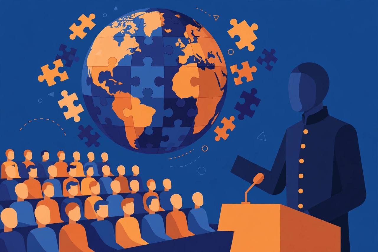 Editorial illustration of a generic speaker at a podium before a summit audience with a puzzle-piece globe behind, flat style, no real faces, no text