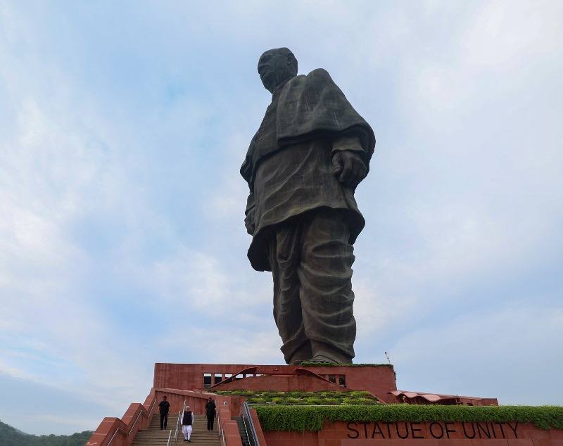 The Statue of Unity at Ekta Nagar in Gujarat, the world's tallest statue, depicting Sardar Vallabhbhai Patel against a cloudy sky