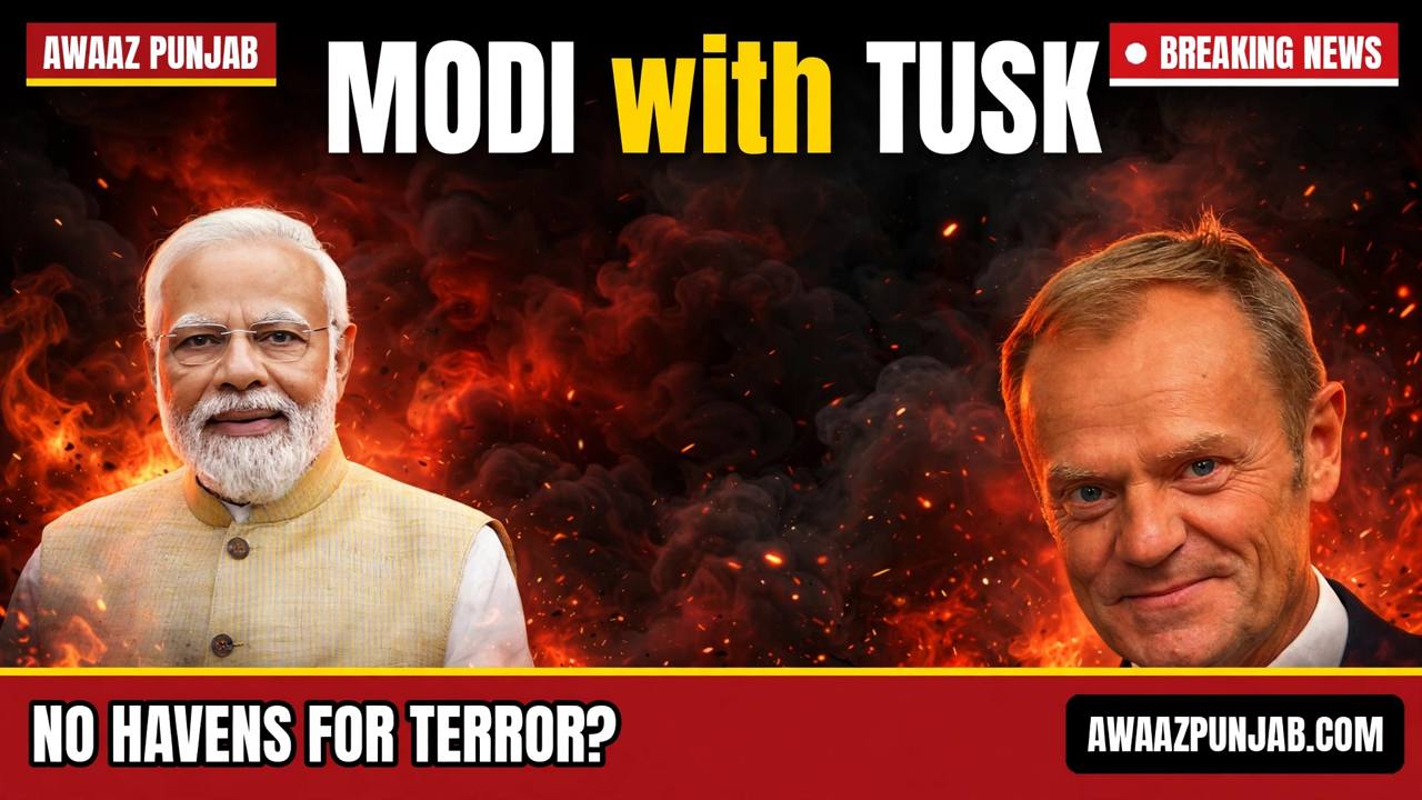 Branded Awaaz Punjab thumbnail with real-photo cut-outs of Prime Minister Narendra Modi and Polish Prime Minister Donald Tusk against a red smoky background, headline 'MODI with TUSK' and hook 'NO HAVENS FOR TERROR?'