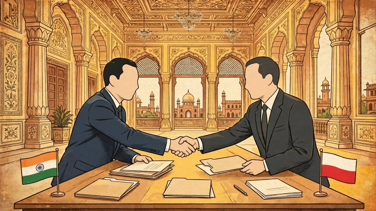 Editorial illustration of two generic diplomats shaking hands at a table with small Indian and Polish flags in a grand New Delhi hall — flat style, no text, no real person's face