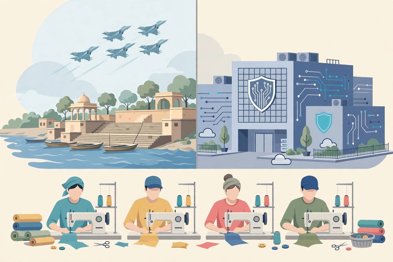 Editorial illustration of a river ghat with jets in formation, garment workers and a modern data centre building; no real person depicted