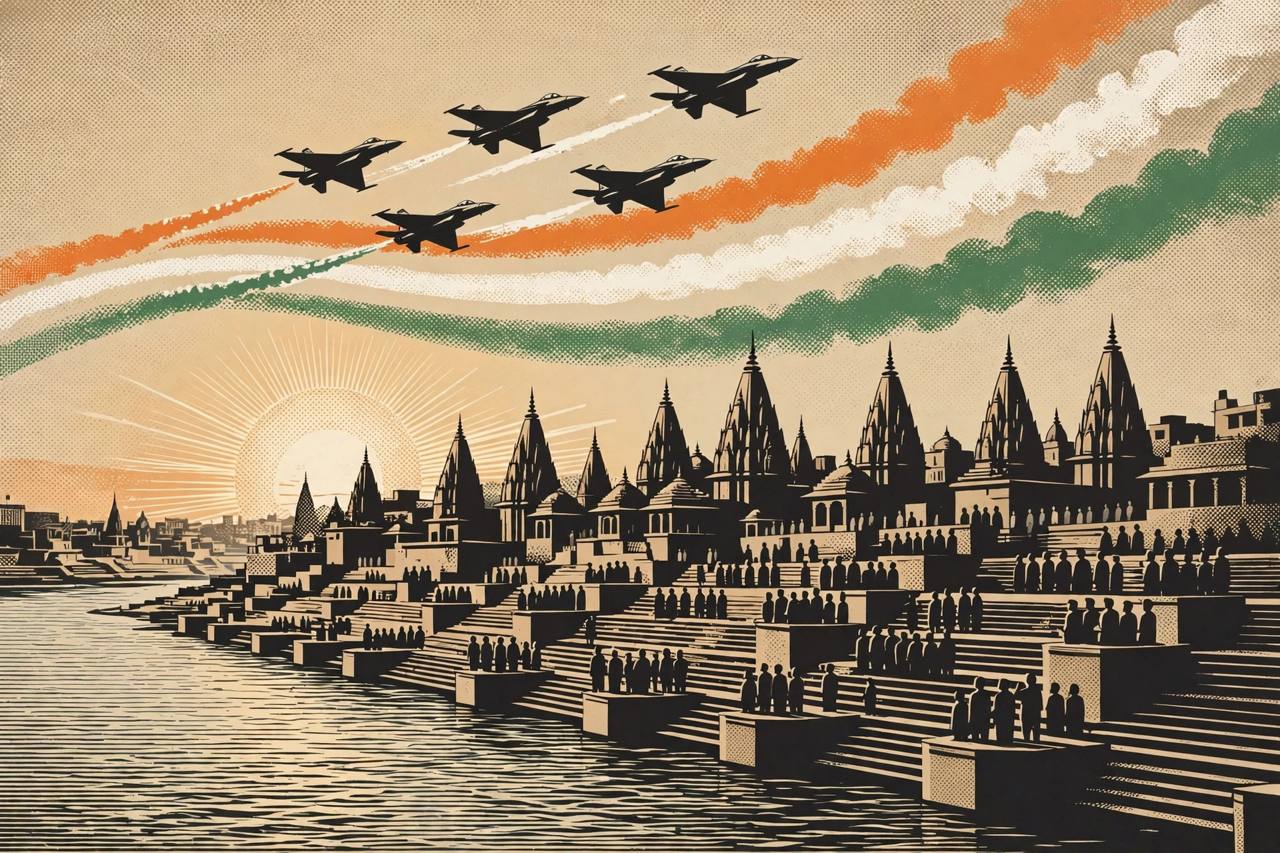 Editorial illustration of fighter jets in formation over a river and ghats with generic spectators; no real person is depicted