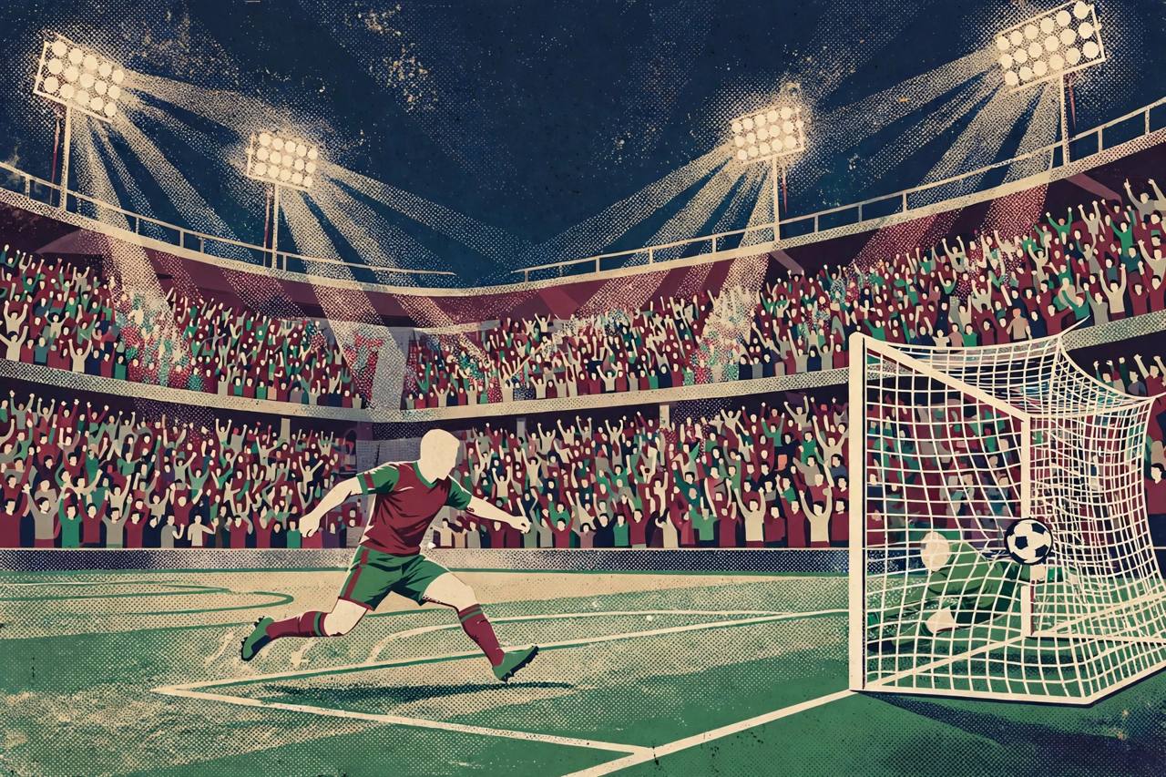 A footballer in maroon and green scoring a late winning goal in a packed Kolkata stadium (Editorial illustration)