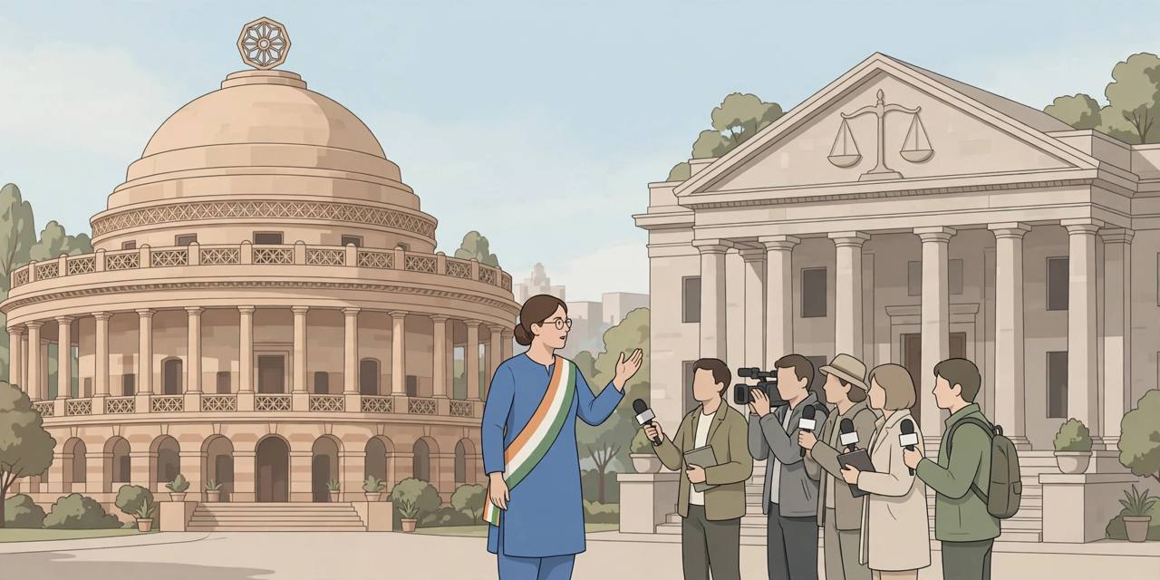 Editorial illustration of a generic parliament building and courthouse with a generic woman MP speaking to reporters
