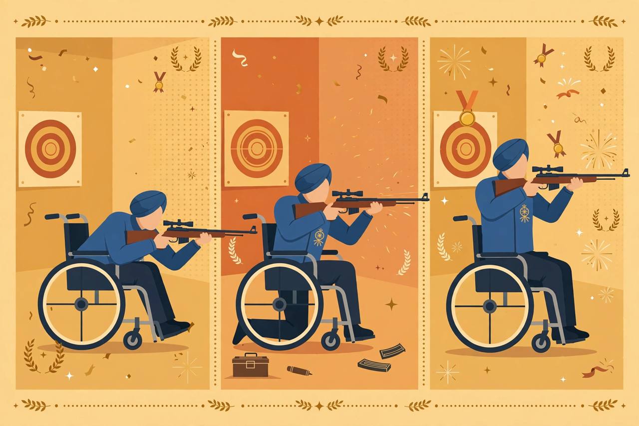 Editorial illustration of a generic para shooter in a wheelchair aiming a rifle at a shooting range