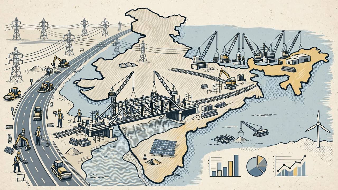 Highway, railway, bridge and power projects under construction across India (Editorial illustration)