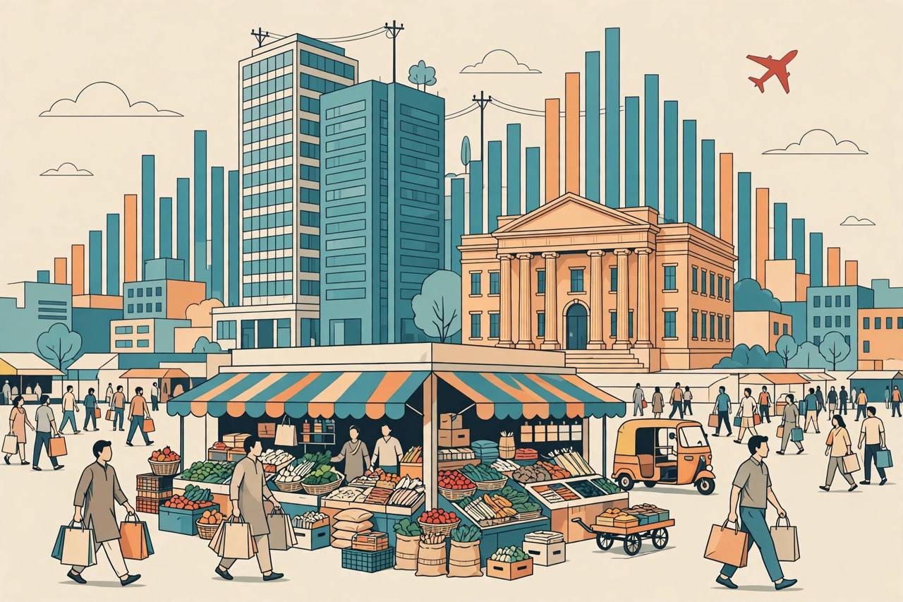 Editorial illustration of a busy Indian market stall with shoppers carrying bags, office towers and a bank building behind, rising bar charts in the skyline and a small red airplane, generic figures only