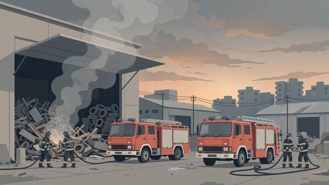 Editorial illustration of firefighters and fire engines outside a scrap-metal godown in Mumbai with smoke rising at dusk