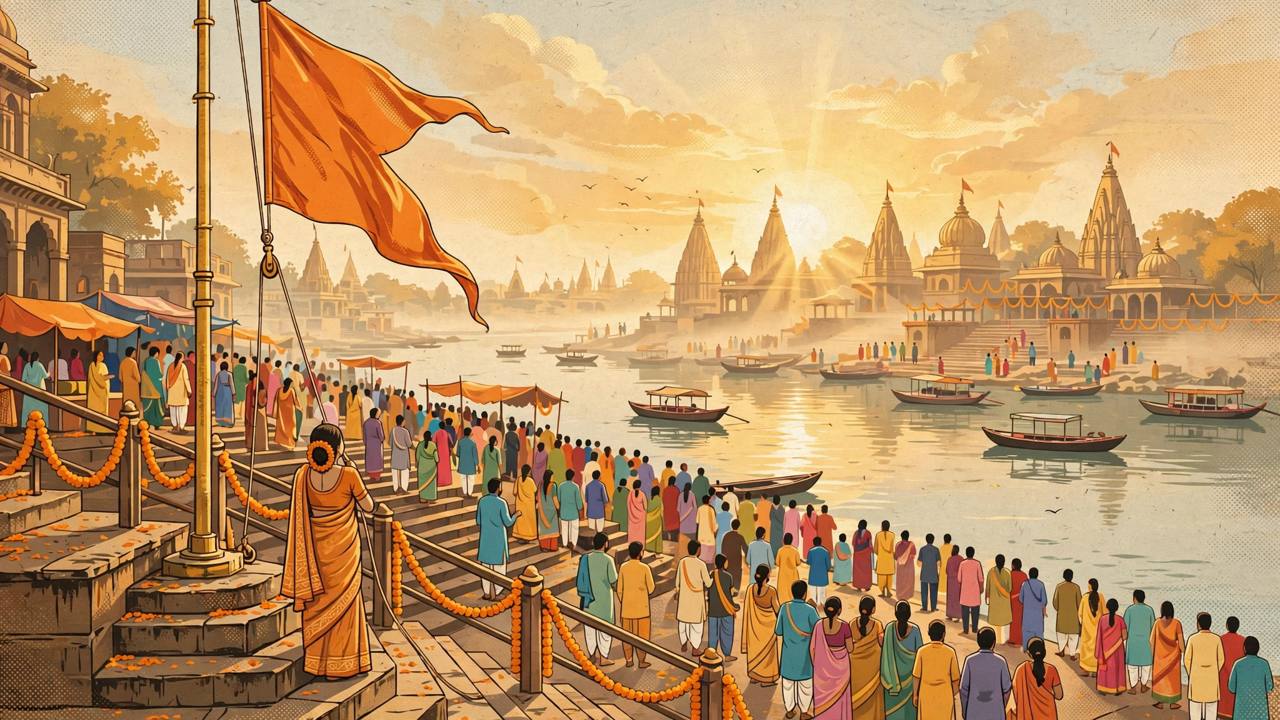 Editorial illustration of a saffron ceremonial flag being raised on a golden pole at a crowded river ghat with temple spires