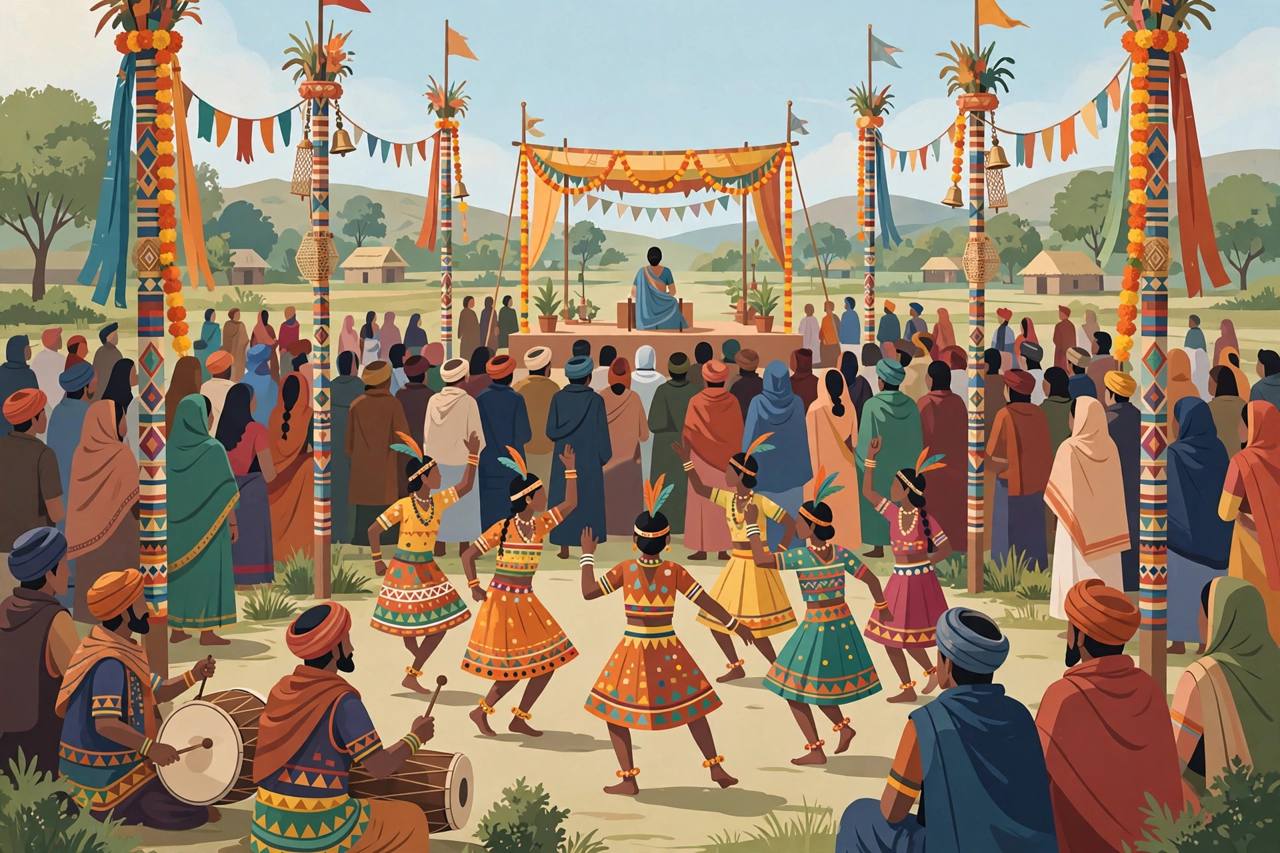 Editorial illustration of a traditional Bastar Dussehra tribal darbar gathering in Jagdalpur