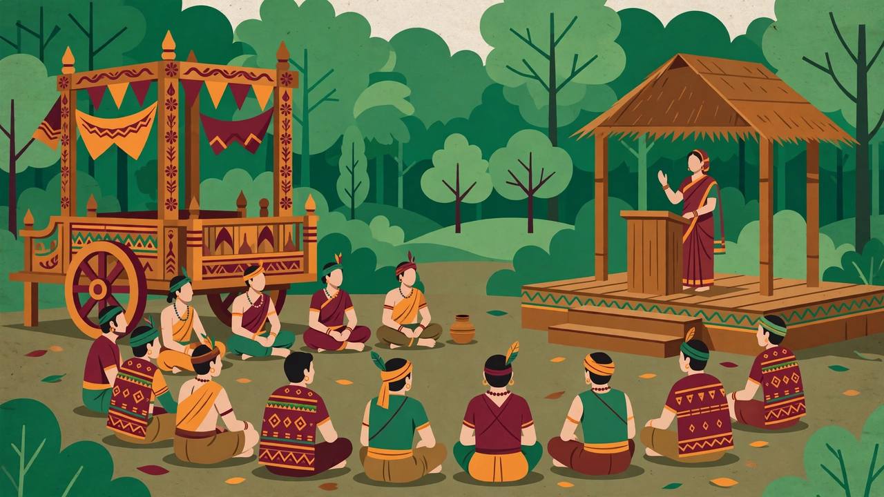 Editorial illustration of a tribal assembly gathering in Bastar with a decorated festival chariot and a woman dignitary addressing villagers in a forest clearing