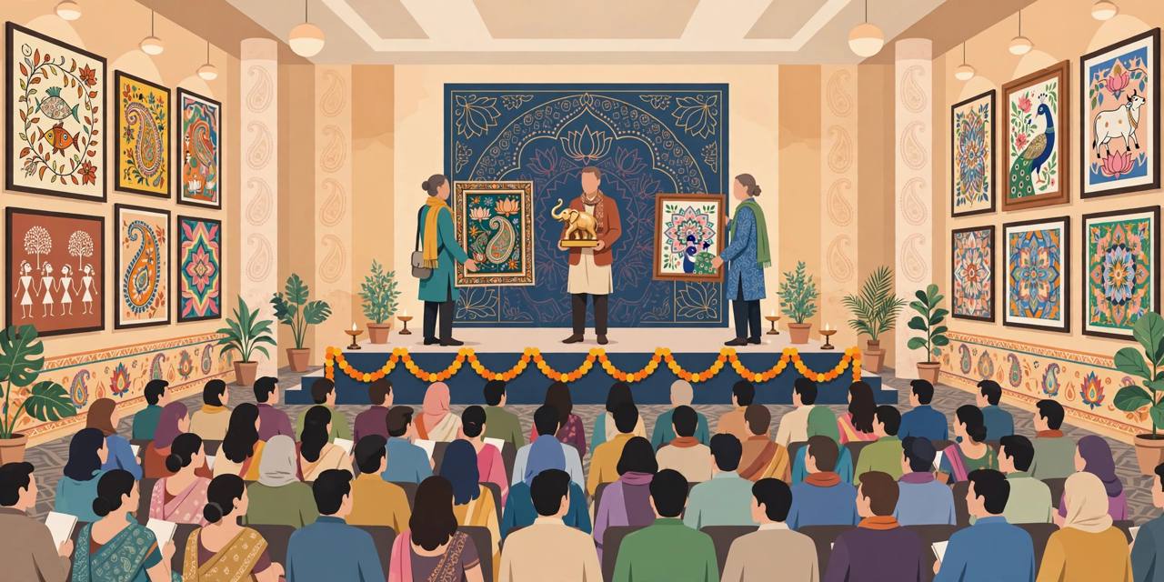 Editorial illustration of an art awards ceremony with generic artists holding framed paintings in an exhibition hall