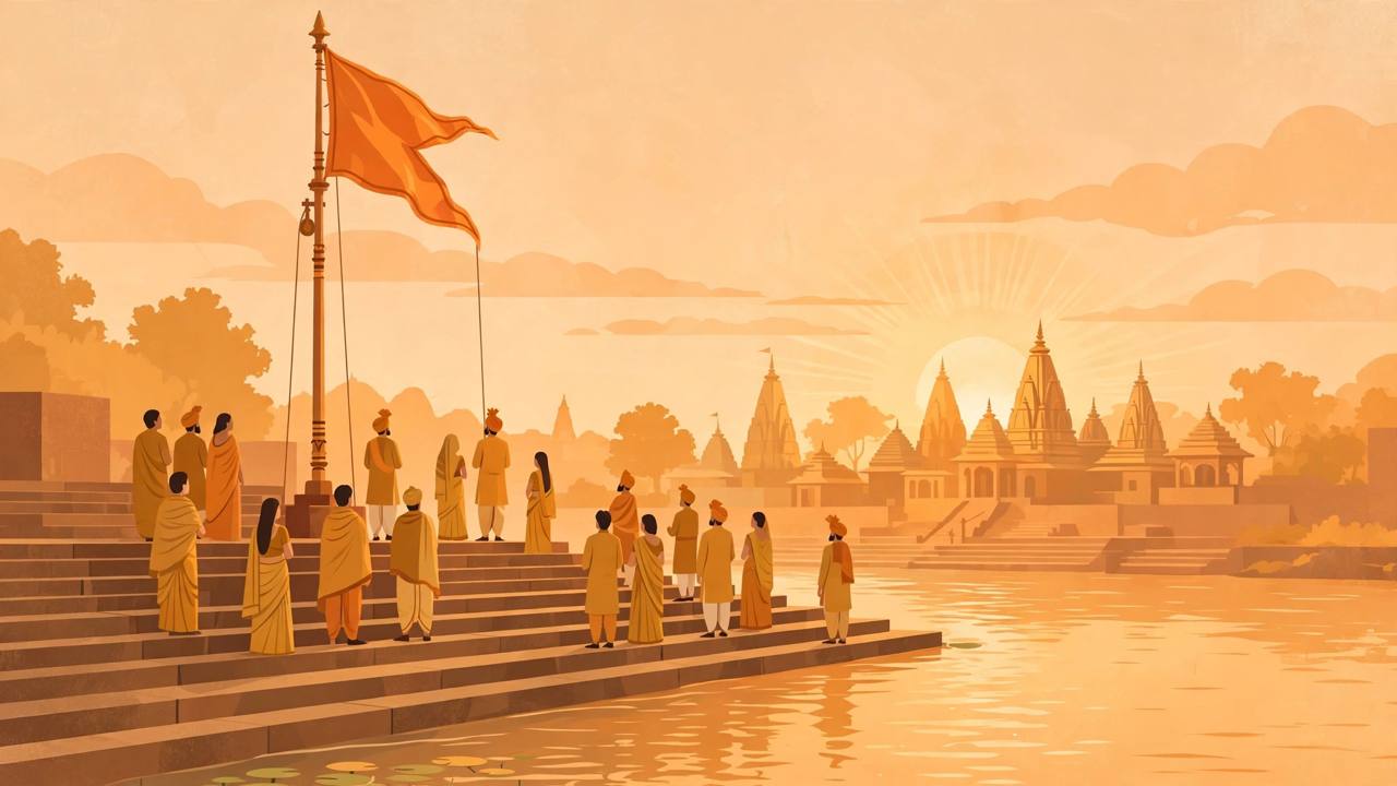 Editorial illustration of a large saffron flag being raised on a tall ceremonial flagpole beside river ghat steps at sunrise, with generic figures in traditional dress gathered below and temple spires in the background