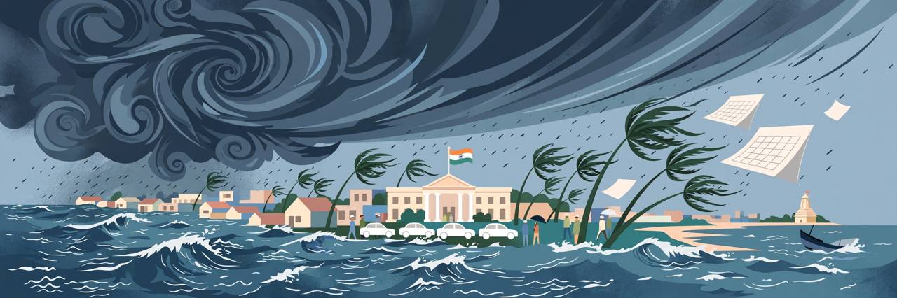 Editorial illustration of a coastal Odisha town under dark swirling cyclone clouds over a rough sea, with a generic government building flying the Indian flag, a waiting motorcade, bending palm trees and calendar pages blowing in the wind