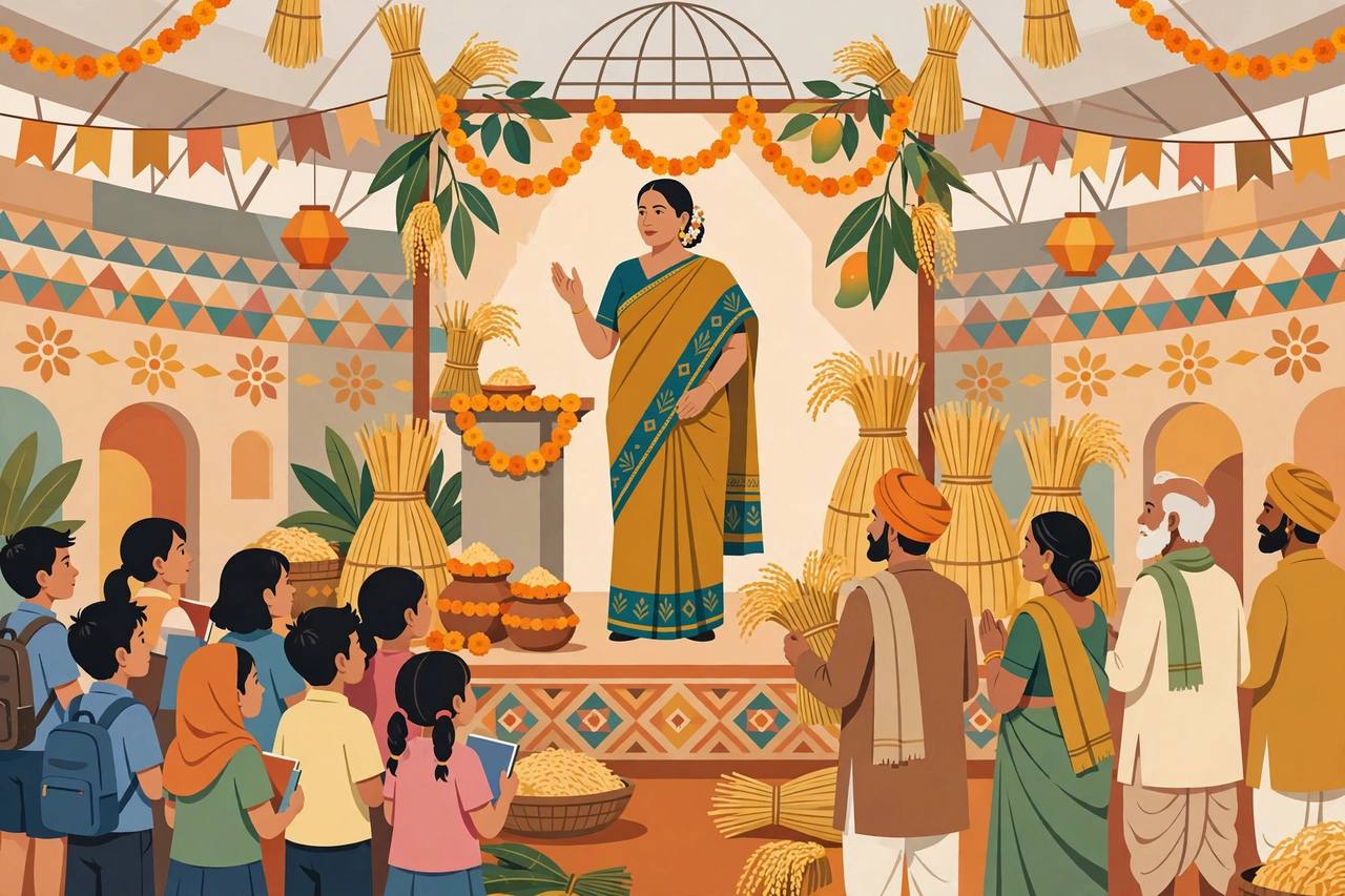 Editorial illustration of a dignified woman president in a sari addressing young students and farmers at a harvest festival celebration with golden rice sheaves