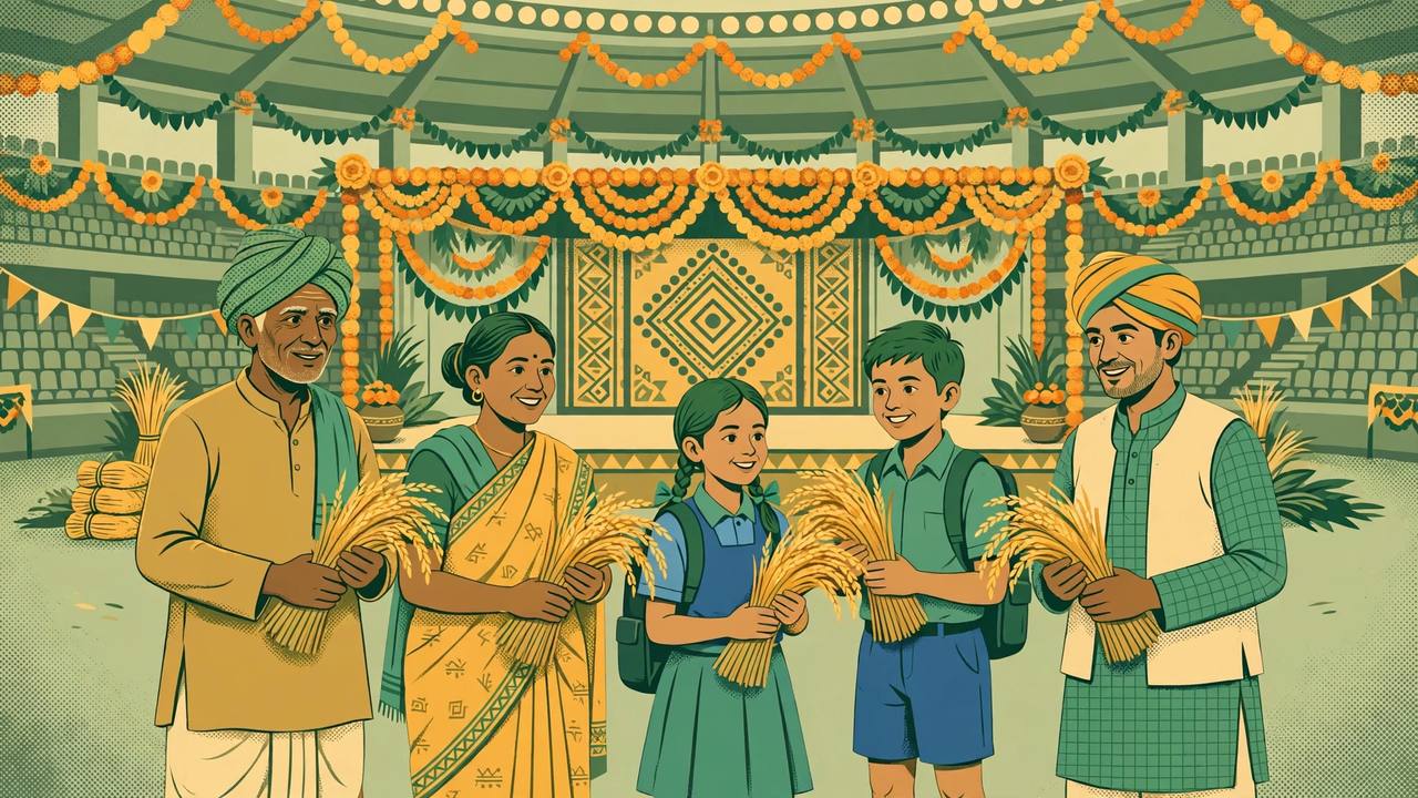 Editorial illustration of farmers and young students with sheaves of new rice at a harvest festival gathering