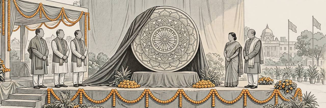 Editorial illustration of a ceremonial unveiling of a large commemorative coin on a stage with marigold decorations
