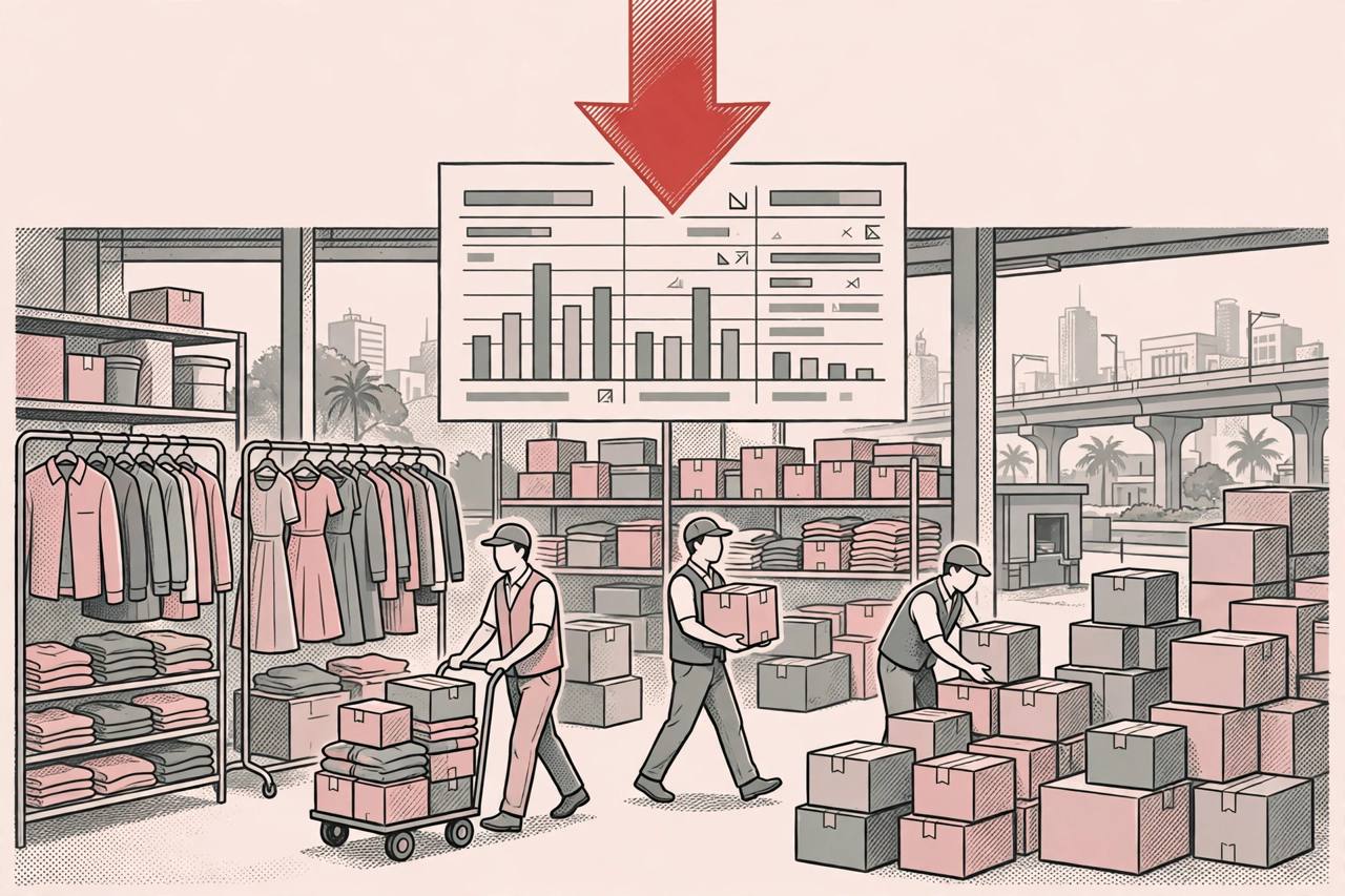 Editorial illustration of a fashion e-commerce warehouse with clothing racks, parcels and a downward graph