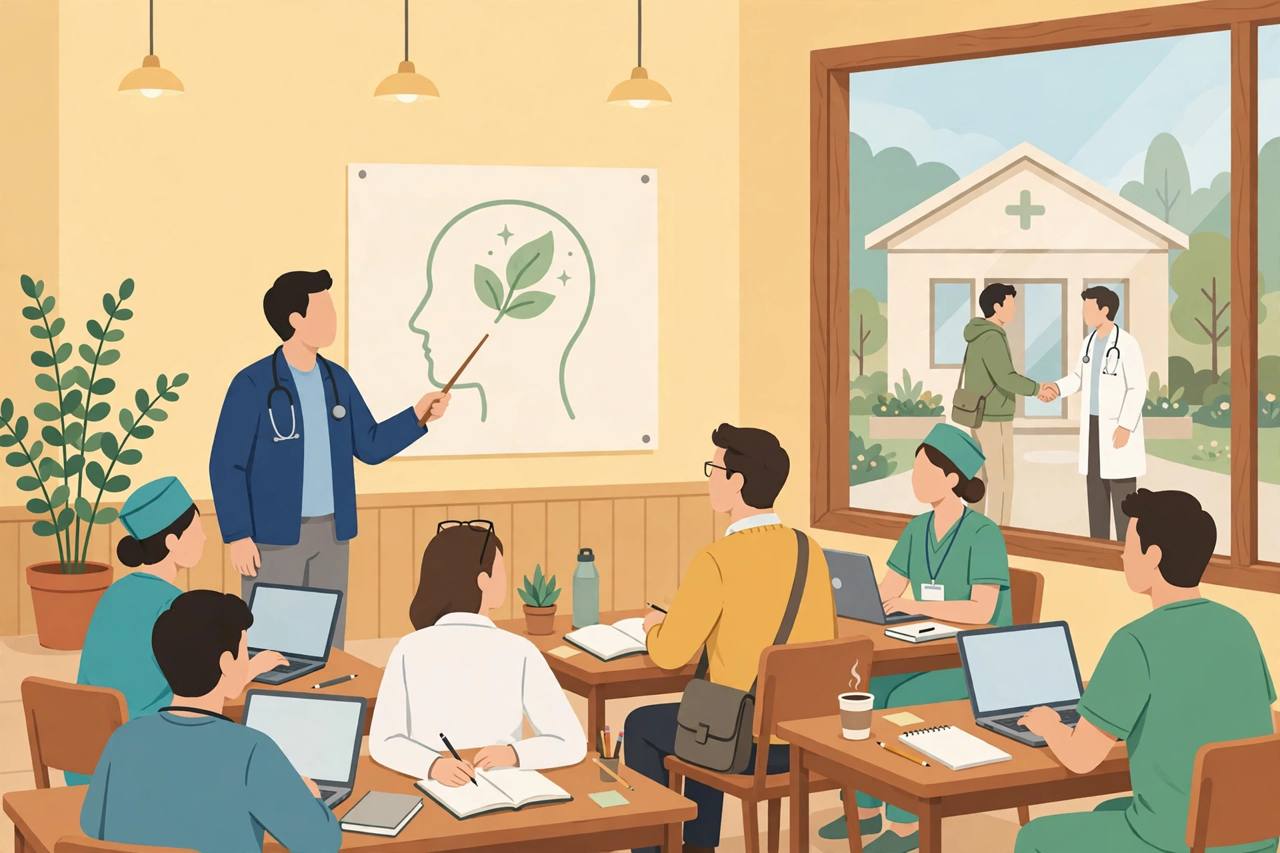 Doctors, nurses and counsellors in a training classroom with an instructor and a hopeful patient shaking hands with a doctor (Editorial illustration)