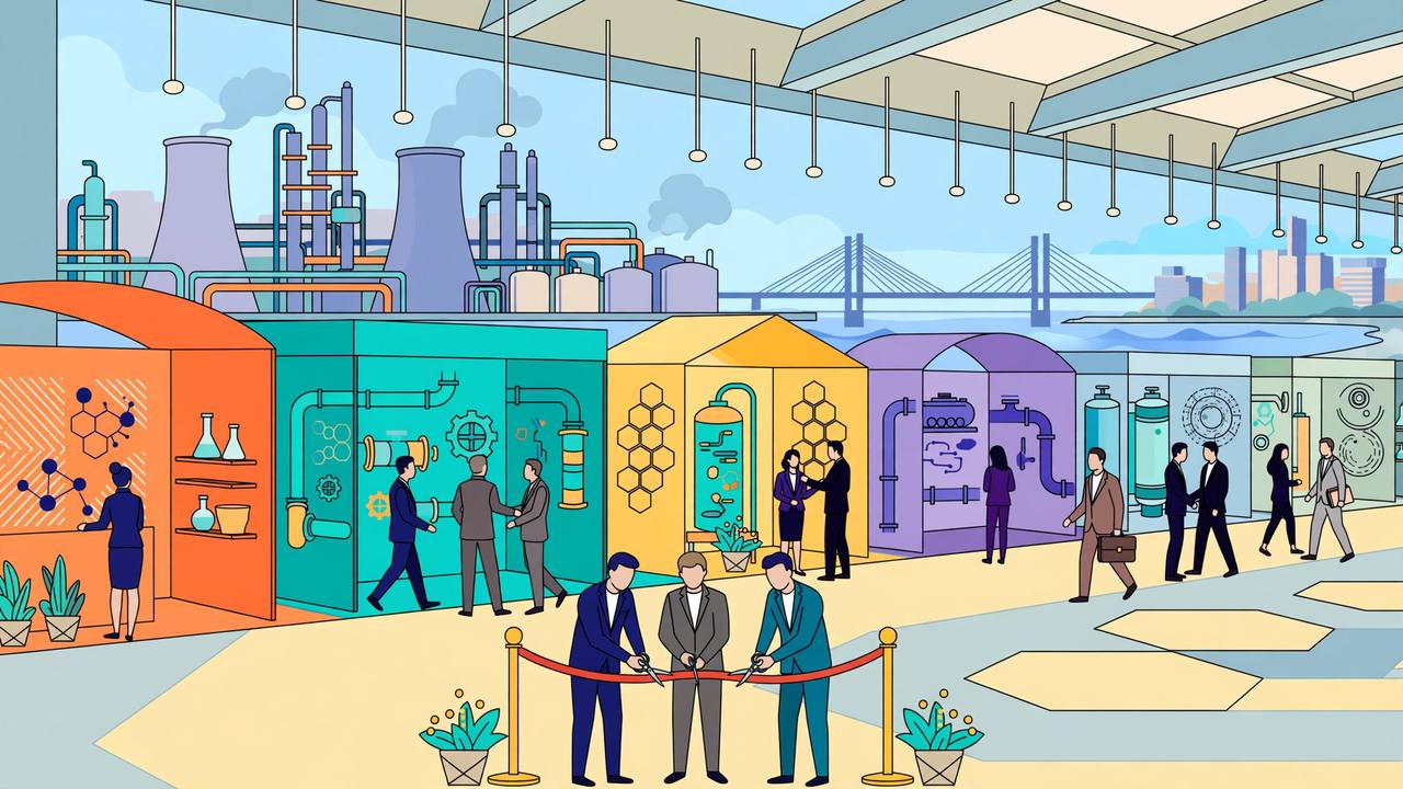 Editorial illustration of a chemicals industry exhibition hall with pavilions, plant towers and a ribbon-cutting ceremony