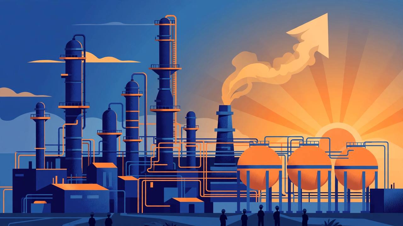Editorial illustration of a chemical and petrochemical plant with distillation towers and pipelines at sunrise; no real person depicted