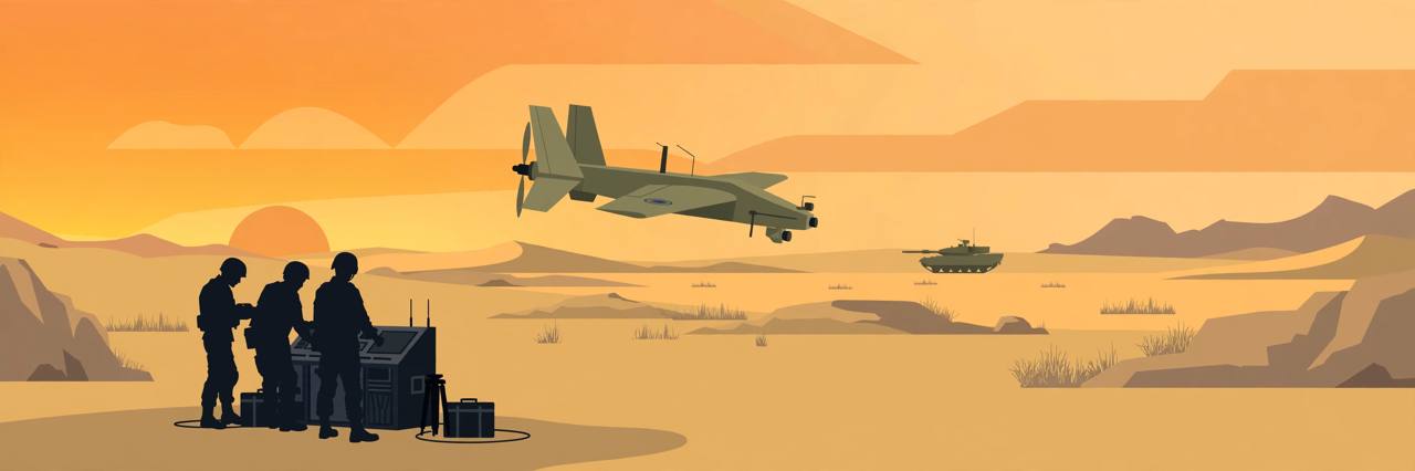 Editorial illustration of a loitering munition drone over a desert battlefield with soldiers at a control unit