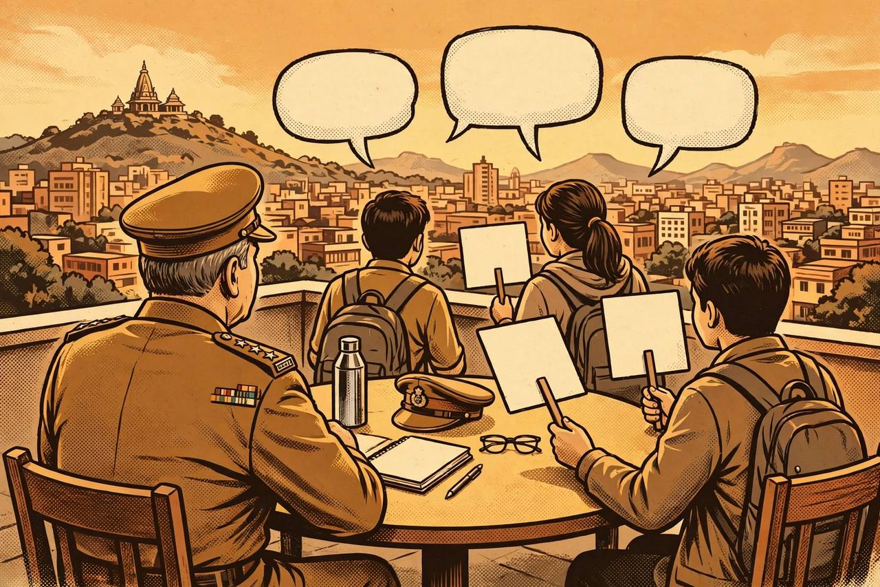 Editorial illustration of a retired army general in dialogue with young students at a round table, generic figures