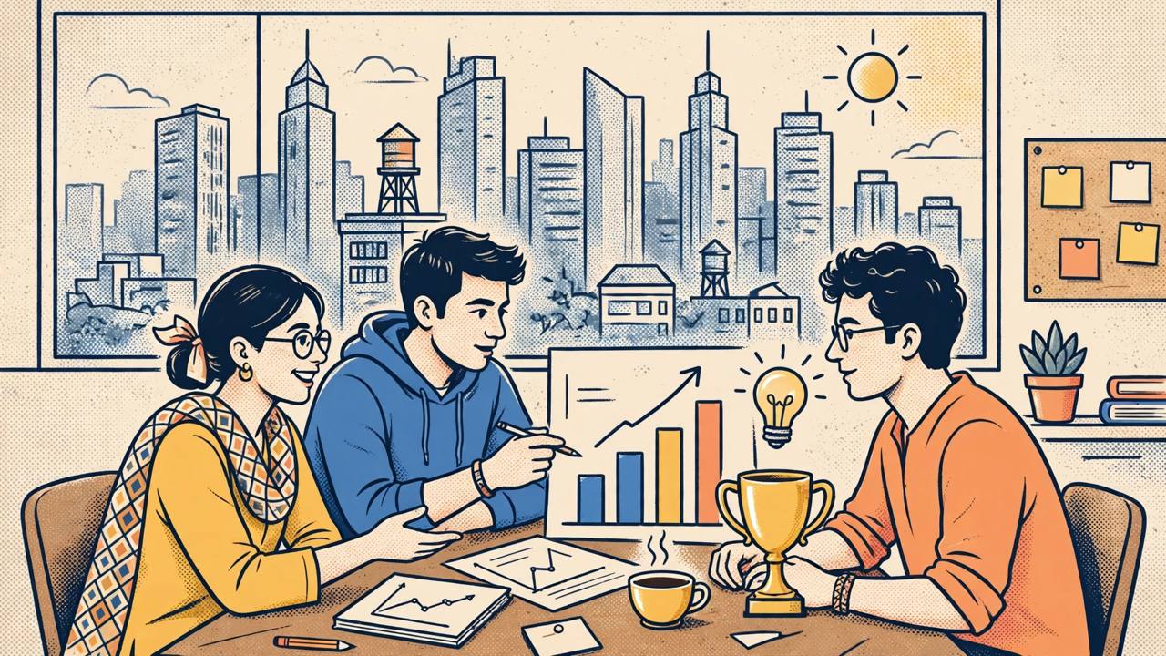 Editorial illustration of young Indian startup founders with a trophy, rising charts and a city skyline
