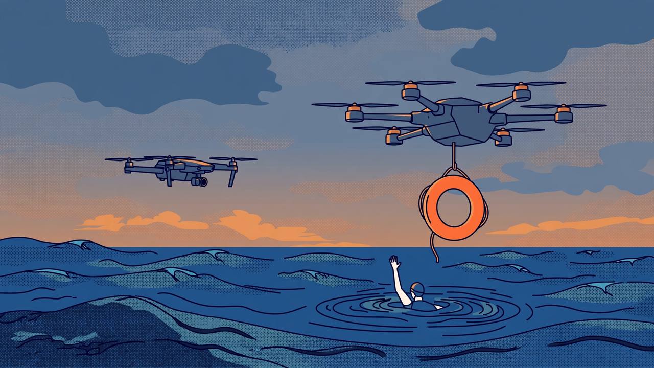 Editorial illustration of two drones over ocean waves, one scanning the water and the other carrying an orange lifebuoy