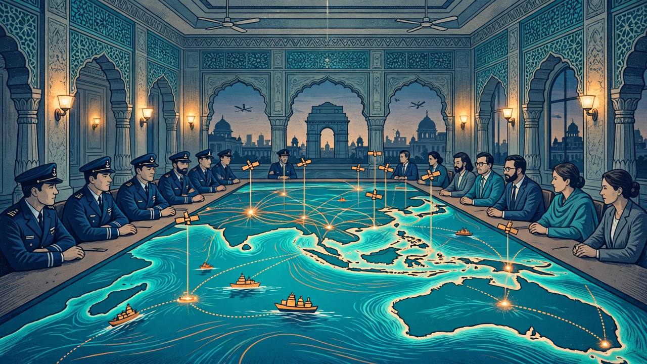 Editorial illustration of a naval conference around an Indo-Pacific map in New Delhi
