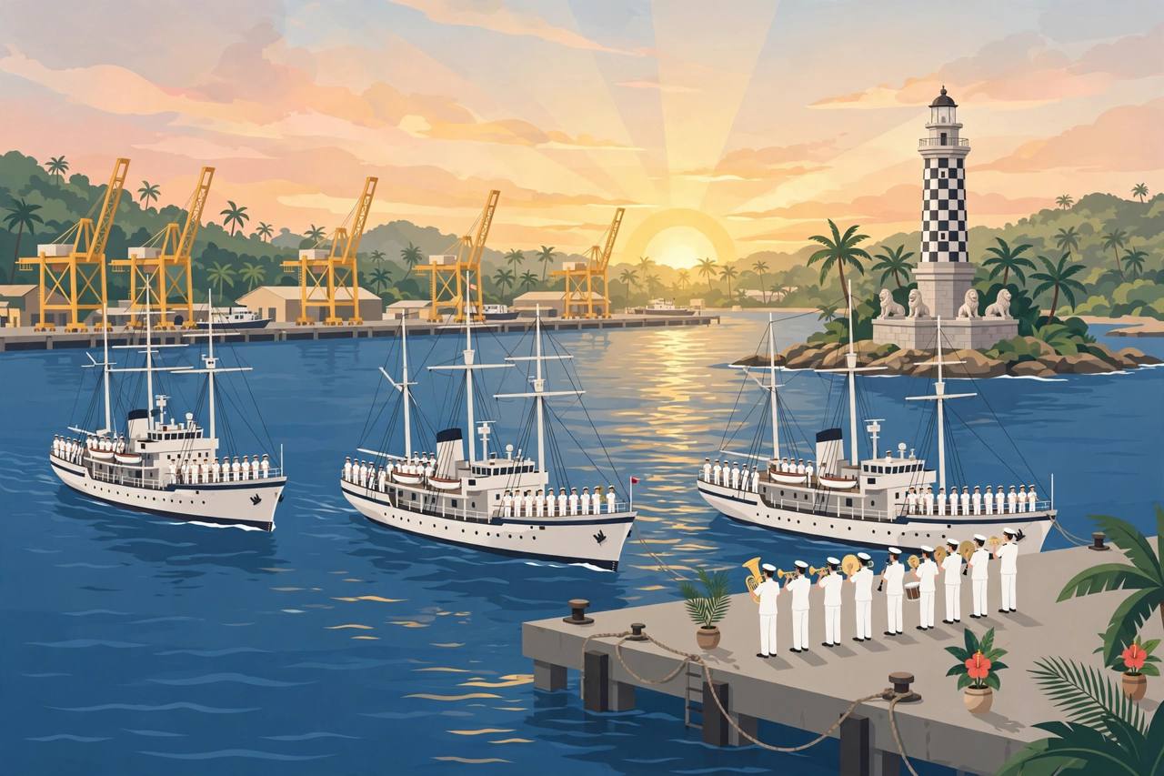 Editorial illustration of three naval training ships arriving at a tropical harbour at sunrise, with a naval band on the pier