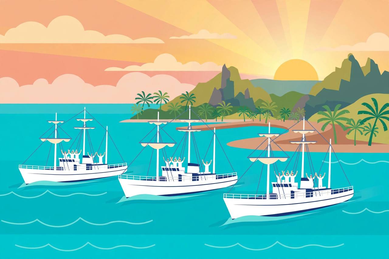 Editorial illustration of generic naval training ships arriving at a tropical island port