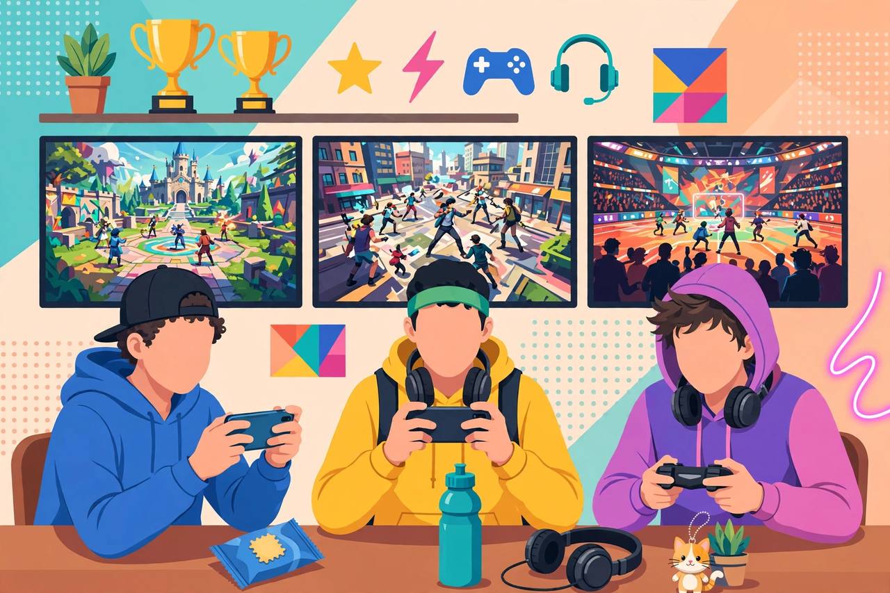 Editorial illustration of generic young gamers playing mobile games with esports screens in the background