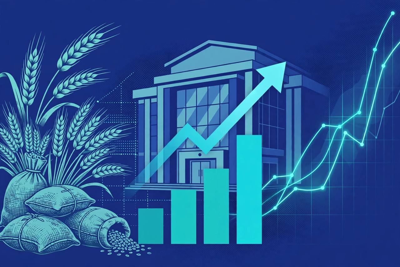 Editorial illustration of a stock exchange building with a rising bar chart, wheat sacks on one side and equity graph lines on the other, no people