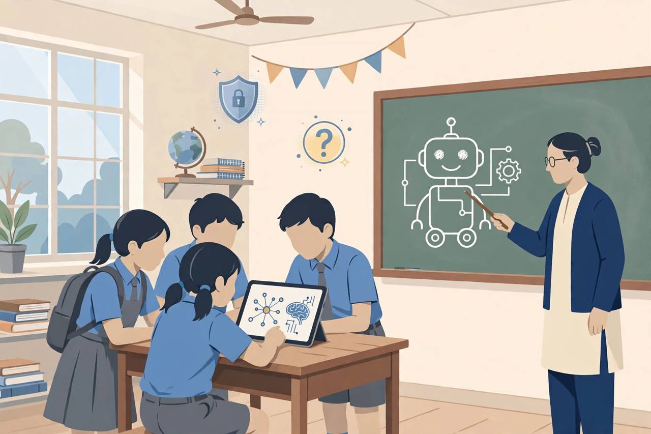 Editorial illustration of generic Indian school students learning about artificial intelligence in a classroom; no real person depicted