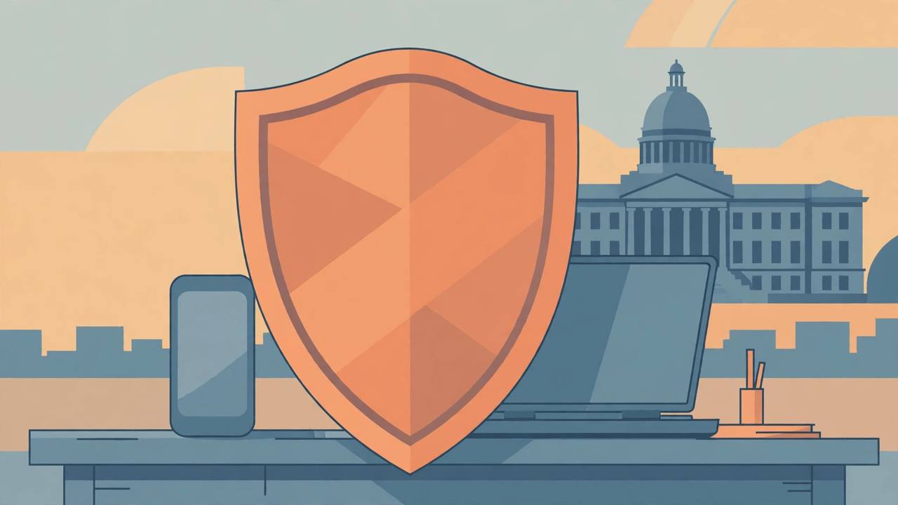 Editorial illustration of a protective shield in front of a smartphone and laptop with a government building behind, flat style, no people
