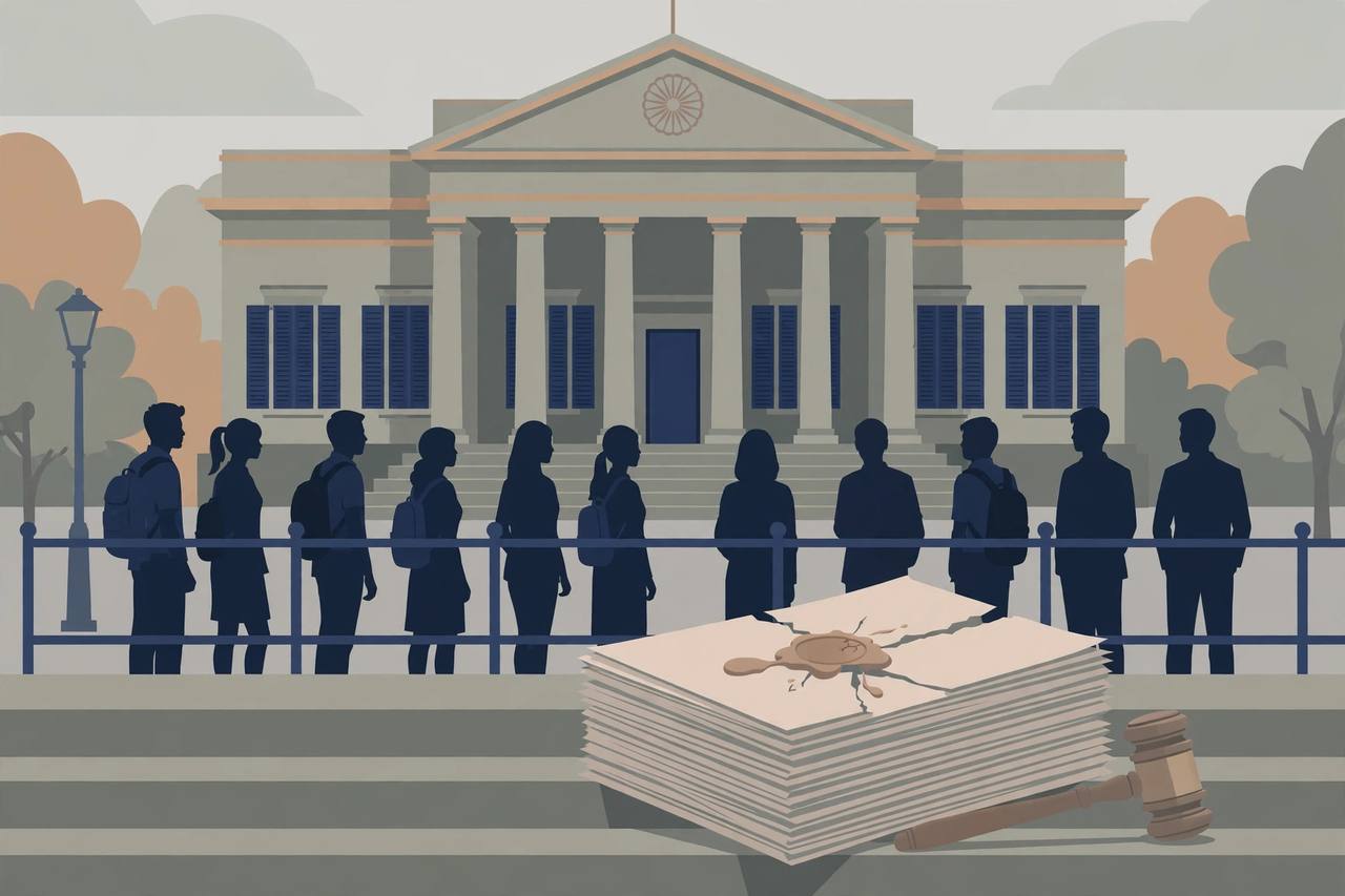 Editorial illustration of a courthouse with examination papers and a torn-seal question paper on its steps, generic students waiting behind a barrier