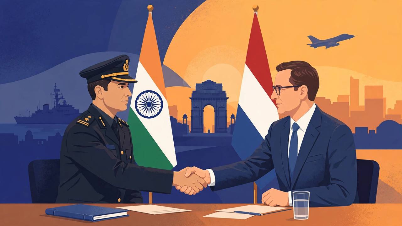 Editorial illustration of a generic Indian military officer and a generic diplomat shaking hands between the flags of India and the Netherlands