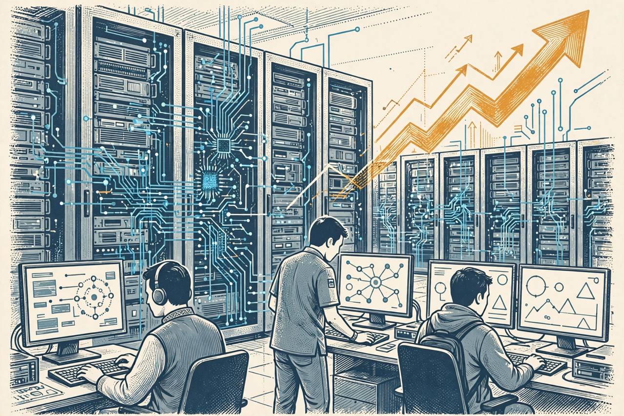 Editorial illustration of AI data centre server racks with a rising growth arrow; no real person depicted