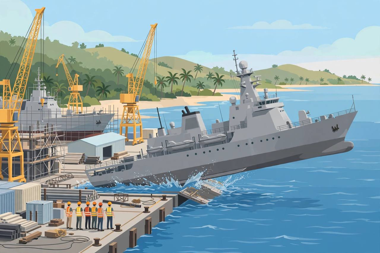 Editorial illustration of a grey naval offshore patrol vessel launching into the sea at a Goa shipyard, with yellow cranes and generic workers in hard hats on the dock